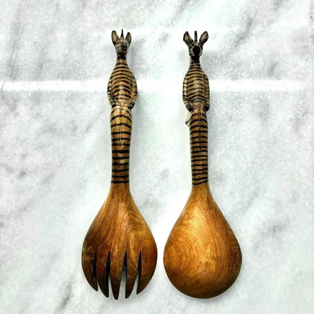 Hand-Carved African Zebra Wooden Spoon & Fork Salad Server Set Black Brown OS